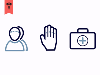 three icons person hand in stop position and medical bag with a cross